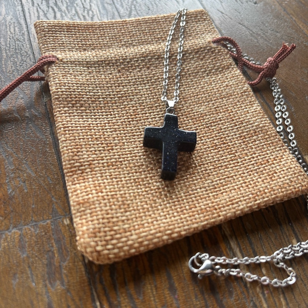 Crystal Cross Necklace Crystal Jewelry Blue Sandstone Necklace Goth Necklace
